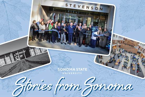 Stories from Sonoma postcard with main photo of people cutting ribbion at Stevenson Hall