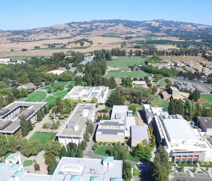 Aerial shot from above of buildings and hills