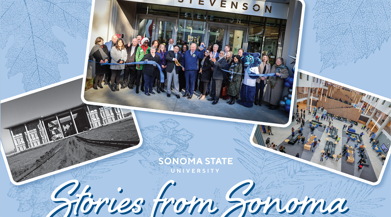 Stories from Sonoma postcard with main photo of people cutting ribbion at Stevenson Hall