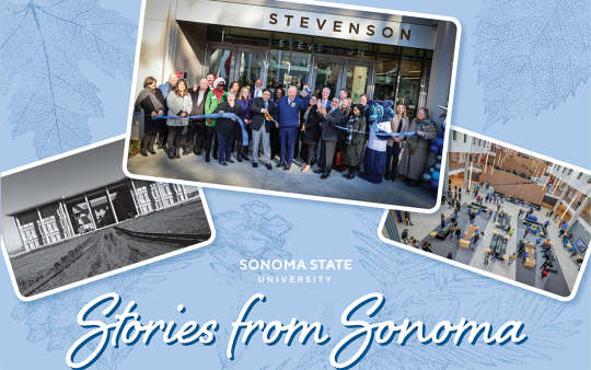 Stories from Sonoma postcard with main photo of people cutting ribbion at Stevenson Hall