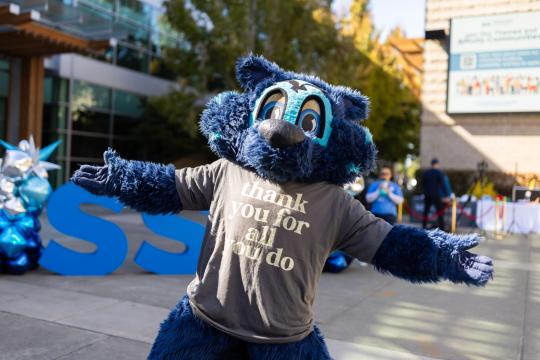 Lobo the mascot wearing a shirt that says thank you for all you do