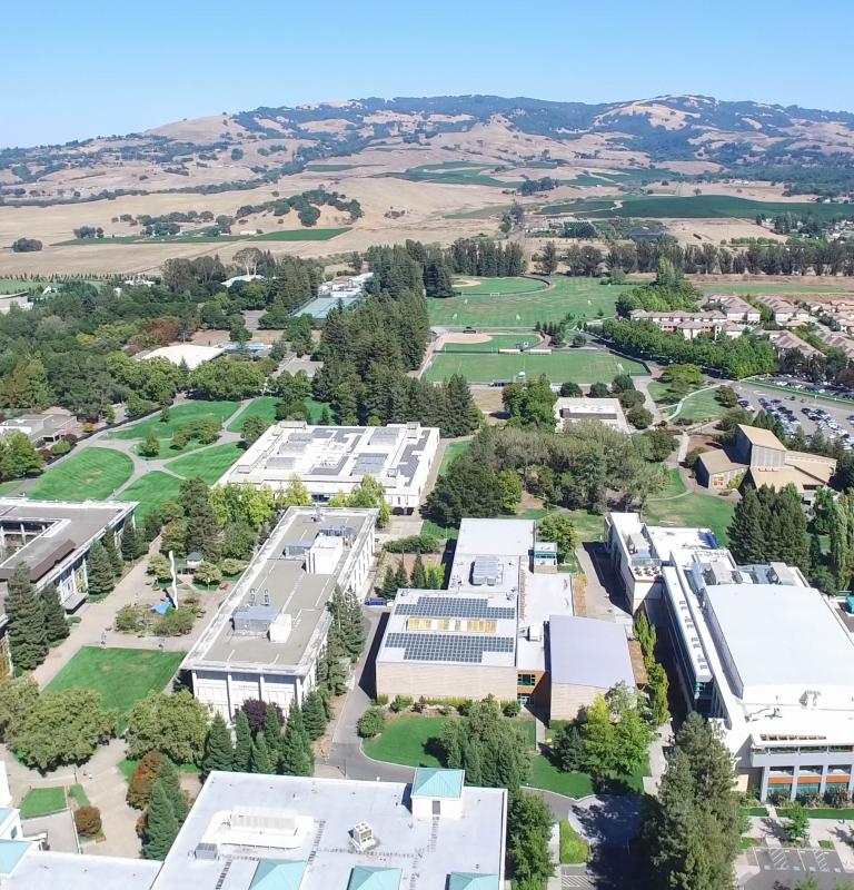 Aerial shot from above of buildings and hills