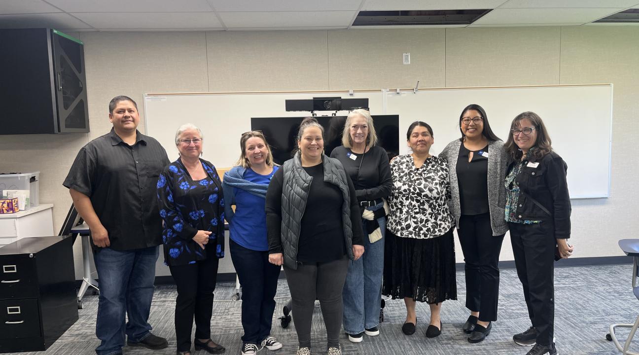Joe Duckepoo, RV Elementary and Middle School Principal; Stef Steffano-Davis, Superintendent of RV Schools; Rhia Casesa, Professor; Amanda Derby, RVHS Principal; Paula Lane, Associate Dean of ECES; Otaka Redhawk, K16 Pathway Advisor;  Elise Alexandria-Green, SSU Director of Tribal Relations; Hilary Seitz, Director of Educator and Leadership Programs, CSU Chancellor's Office
