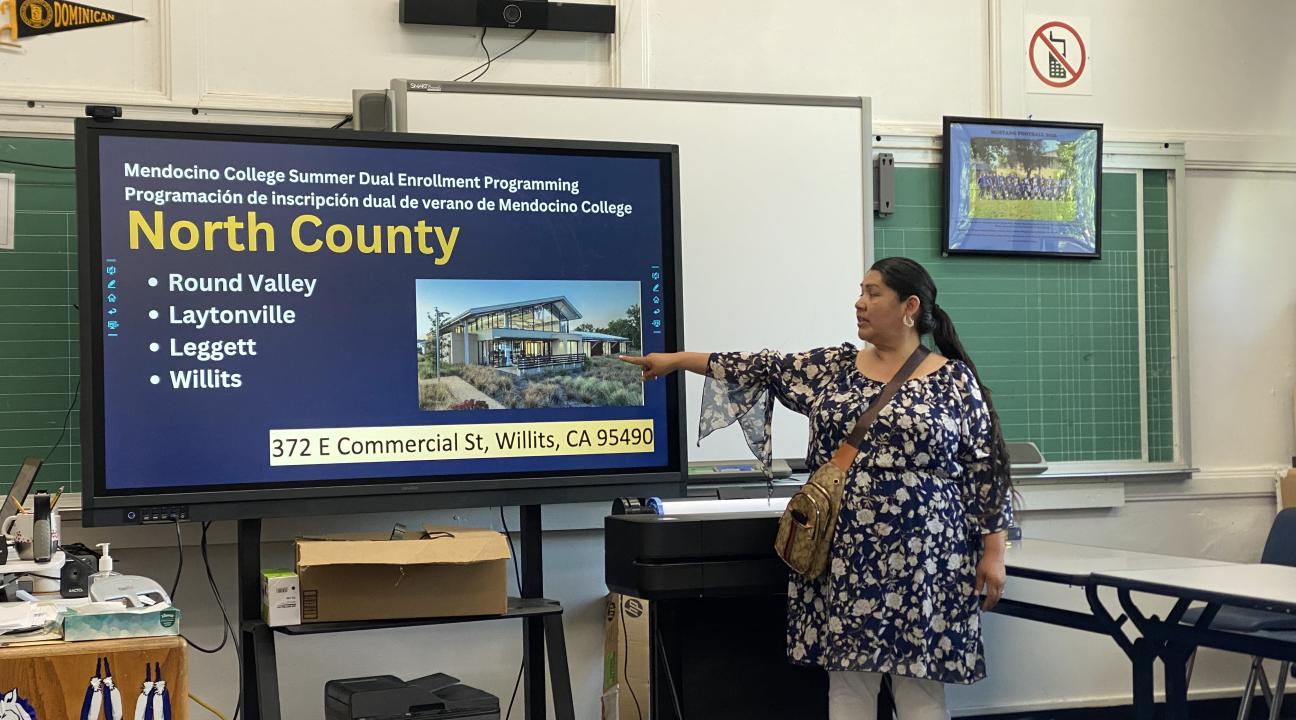 Otaka Redhawk, Pathway Advisor, presenting during orientation for Round Valley High School students before summer dual enrollment program.