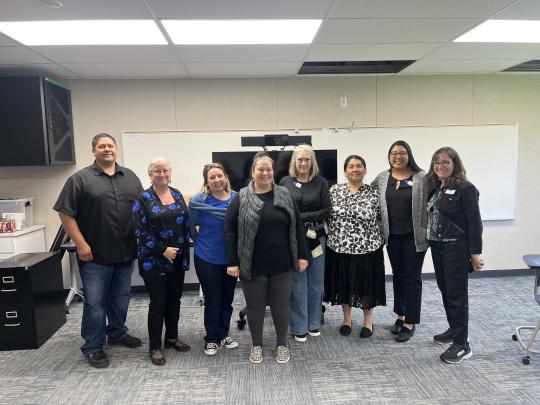 Joe Duckepoo, RV Elementary and Middle School Principal; Stef Steffano-Davis, Superintendent of RV Schools; Rhia Casesa, Professor; Amanda Derby, RVHS Principal; Paula Lane, Associate Dean of ECES; Otaka Redhawk, K16 Pathway Advisor;  Elise Alexandria-Green, SSU Director of Tribal Relations; Hilary Seitz, Director of Educator and Leadership Programs, CSU Chancellor's Office